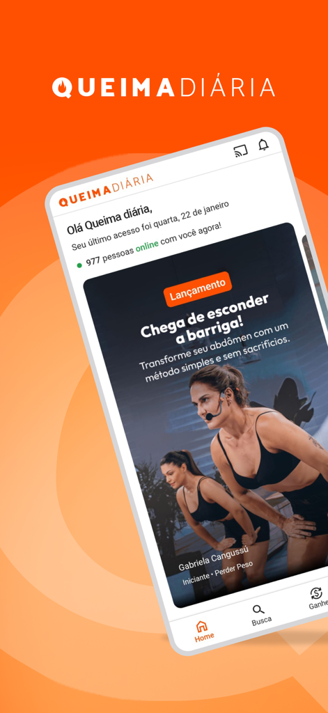 Queima Diária - Treino em Casa - Pantalla de inicio de la aplicación Queima Diaria que muestra un entrenamiento en video para la transformación abdominal.