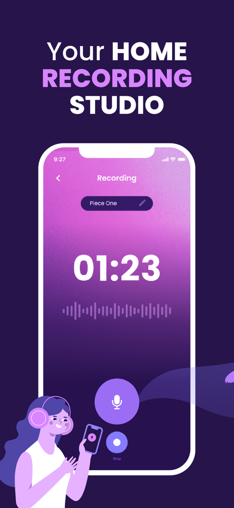 Podcast Maker: Audio Editor - Smartphone-Bildschirm, der die Aufnahmeoberfläche von Podcast Maker mit einem Timer und einer Audio-Wellenform zeigt