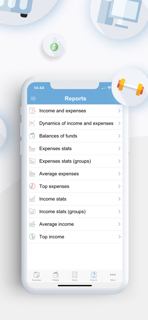 A list of financial reports in the Expenses and Income Tracker app showing statistics for income and expenses.