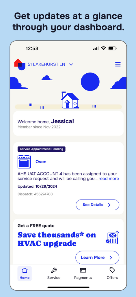 The American Home Shield app dashboard showing a pending service request for an oven and an offer for an HVAC upgrade.