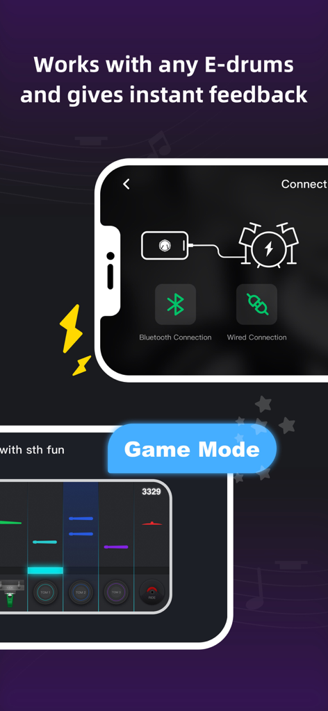 InstaDrum-Oberfläche mit Bluetooth- und kabelgebundenen Verbindungsoptionen für elektronische Schlagzeuge und Gameplay im Spielmodus