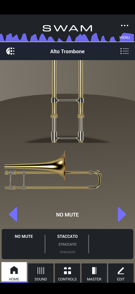 SWAM Alto Trombone app interface showing the main home screen with a 3D instrument model and performance settings