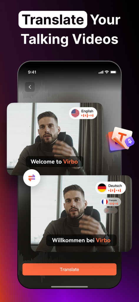 AI Video Generator - Virbo - Interface de l'application Virbo montrant la fonction de traduction vidéo IA pour les vidéos parlantes.