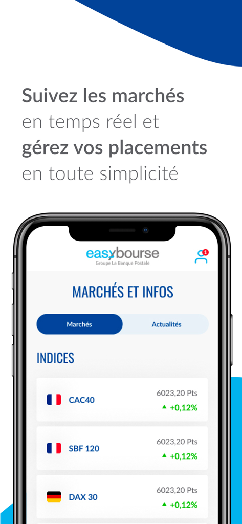 EasyBourse - Écran de l'application mobile EasyBourse affichant les indices boursiers en temps réel et le suivi des investissements