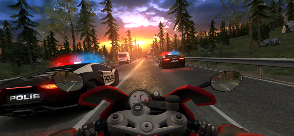 Racing Fever: Moto - First person view of a motorcycle escaping police cars on a highway at sunset