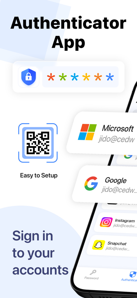 Interfaz de Authenticator App mostrando escaneo de códigos QR e integración de cuentas de redes sociales para seguridad