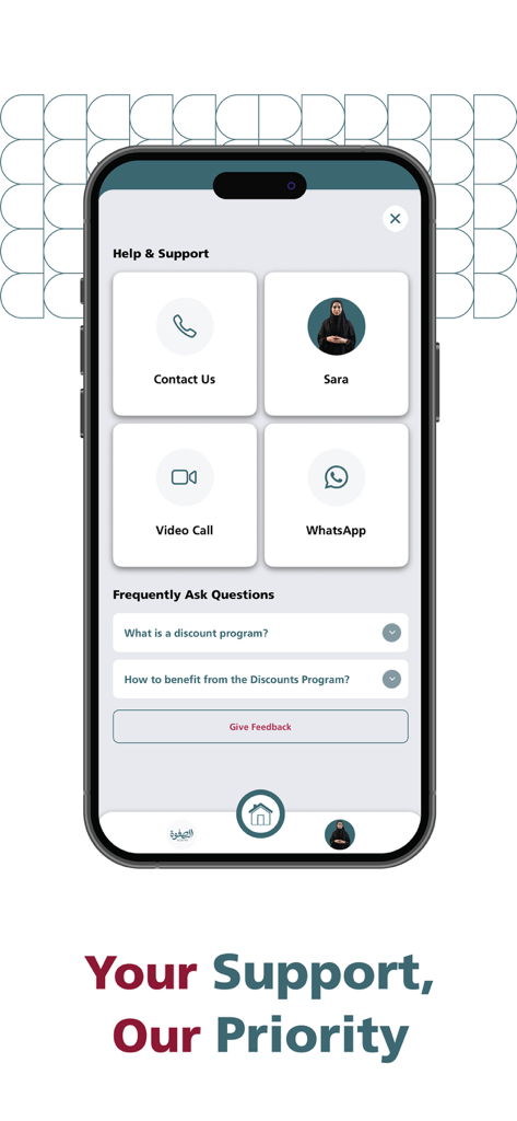 AIアシスタントSara、ビデオ通話、FAQなどの連絡オプションを備えたDamanアプリのヘルプとサポート画面。