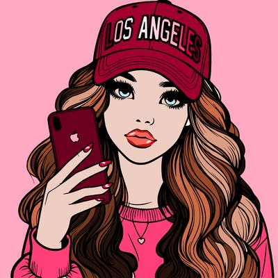 realistic beautiful girl wearing los ángeles cap holding an iphone