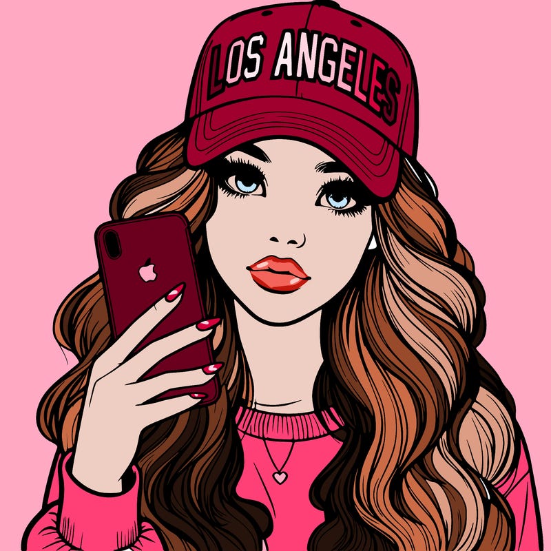 realistic beautiful girl wearing los ángeles cap holding an iphone
