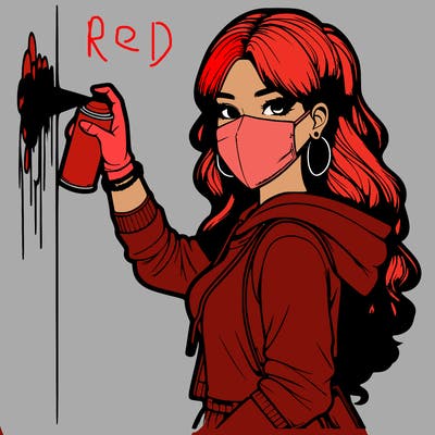 realistic girl with mask spray painting a wall