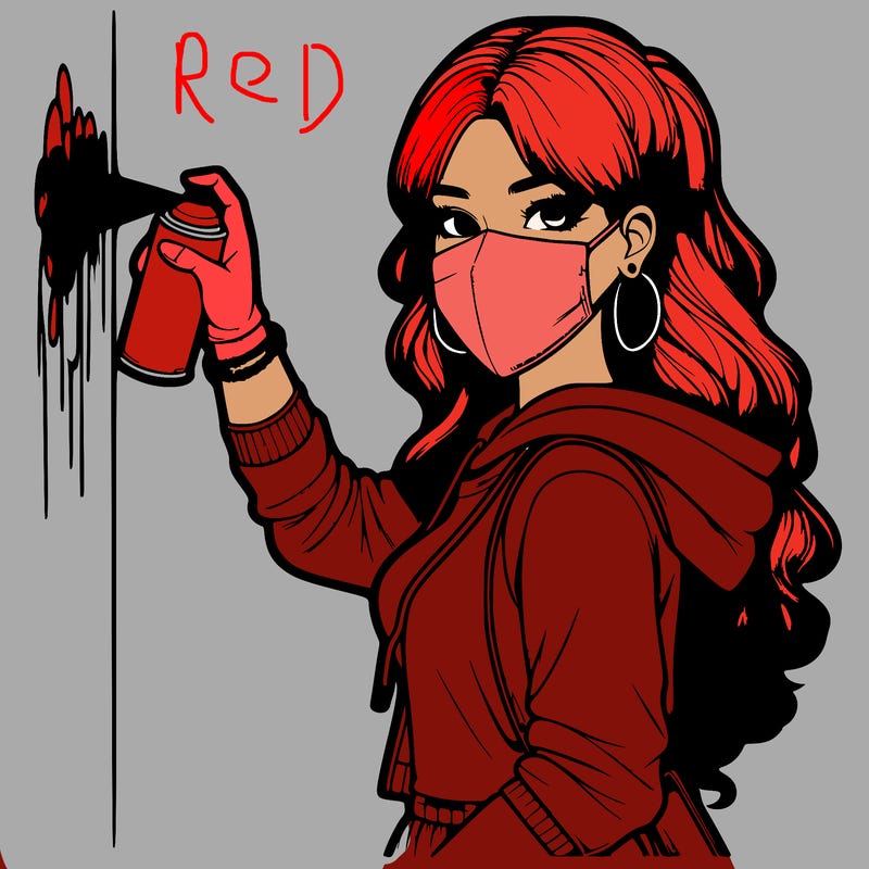 realistic girl with mask spray painting a wall