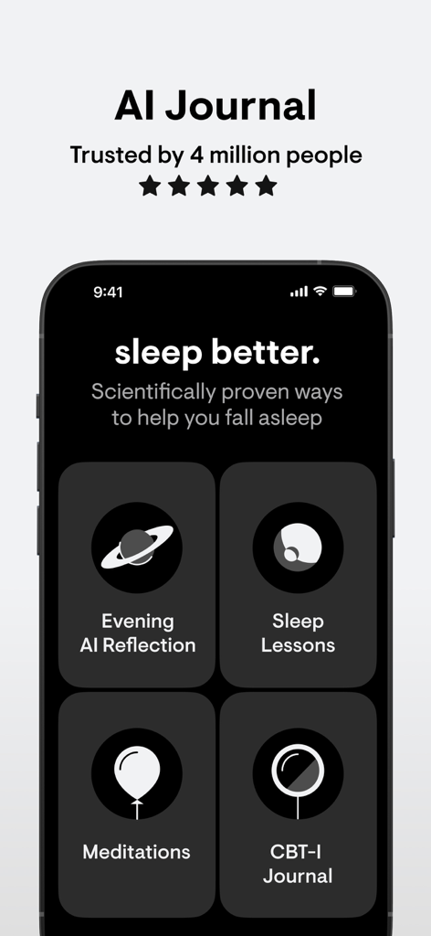 Interface de l'application stoic. montrant des outils pour mieux dormir, y compris une réflexion IA du soir, des leçons sur le sommeil, des méditations et un journal TCC-I.