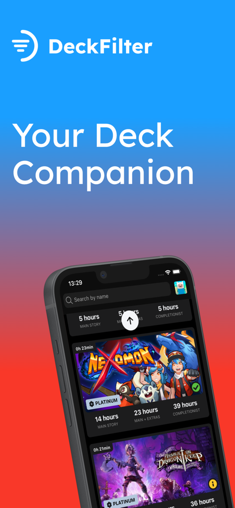 DeckFilter - Interfaccia dell'app DeckFilter che mostra i giochi della libreria Steam con valutazioni ProtonDB e statistiche sul tempo di gioco