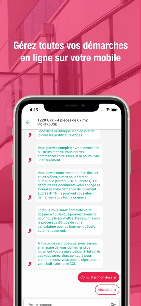 Smartphone screen showing the in'li app interface for managing rental housing applications online
