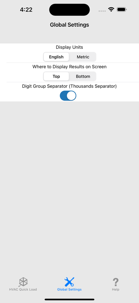 Global settings screen of the HVAC Quick Load app showing options for display units result position and digit separators
