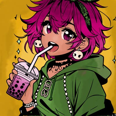 hot baddie anime girl drinking boba and biting the straw