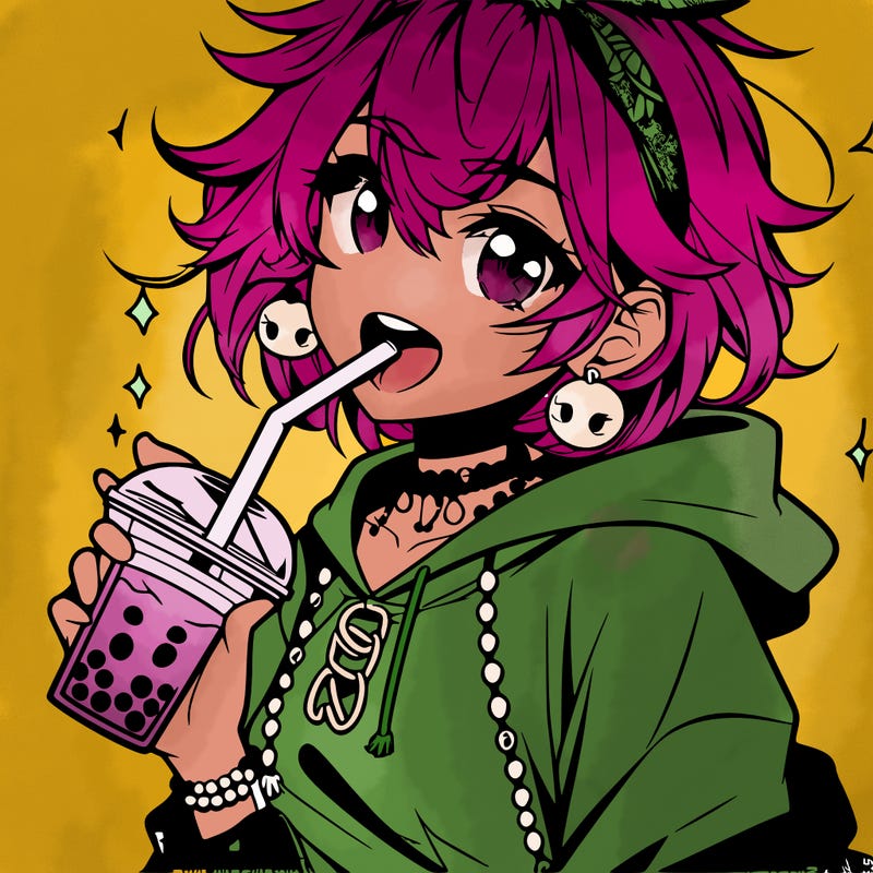 hot baddie anime girl drinking boba and biting the straw