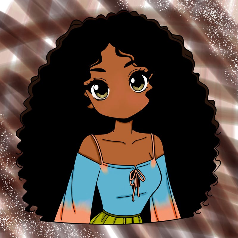 a black anime girl with long afro hair