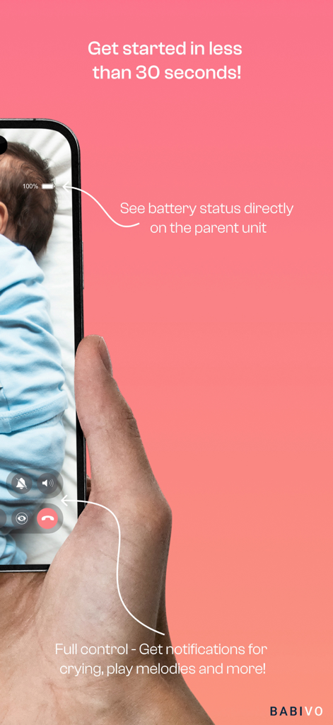 Babivo: Baby Monitoring - Babivo baby monitoring app interface on a smartphone showing live video and battery status