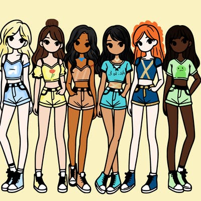a group of girls wearing crop tops and shorts