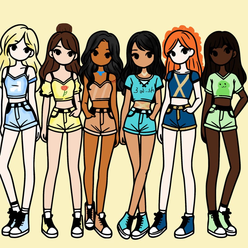 a group of girls wearing crop tops and shorts