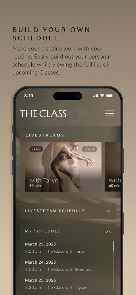 Interfaz de la aplicación móvil The Class que muestra la función de crear tu propio horario con sesiones de entrenamiento en vivo próximas