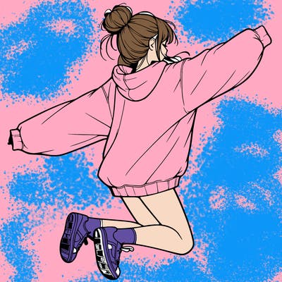 realistic girl jumping with a bun and oversized sweatshirt