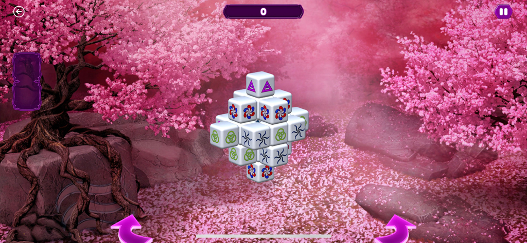 Tap Tiles - 3D Mah-jong Games - A 3D mahjong tile stack in a pink cherry blossom zen garden environment