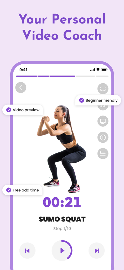 Butt Workout: Fitness at Home - Interface d'application mobile montrant une femme effectuant un squat sumo avec des fonctionnalités de coaching vidéo