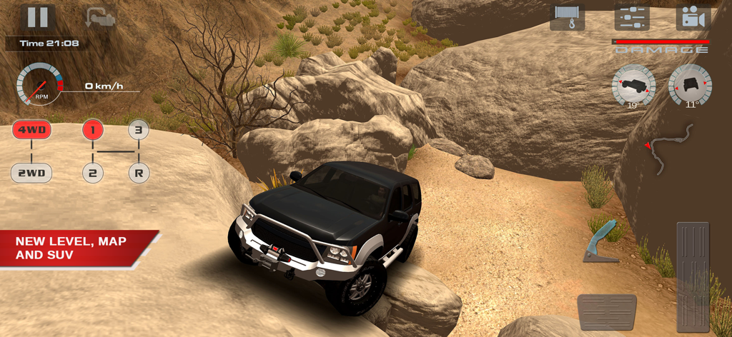 A black SUV navigating steep rocky terrain in a desert environment with a manual transmission interface in OffRoad Drive Desert.