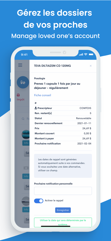 Écran d'application mobile montrant les détails des médicaments et la gestion du compte familial dans l'application de pharmacie Picard et Desjardins.