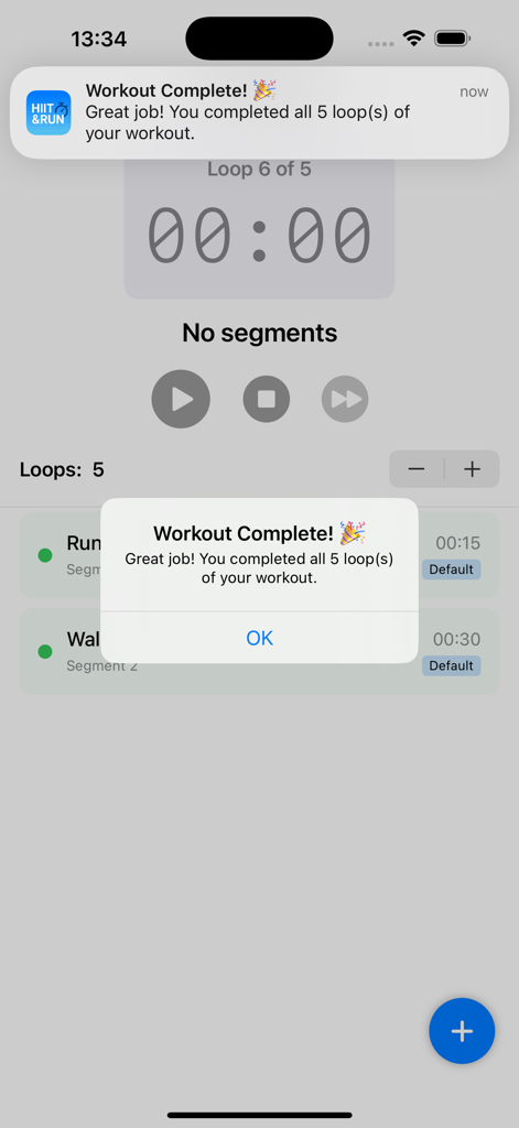 HIIT & Run Interval Timer - A screenshot of the HIIT and Run Interval Timer app showing a workout complete notification on an iPhone screen.
