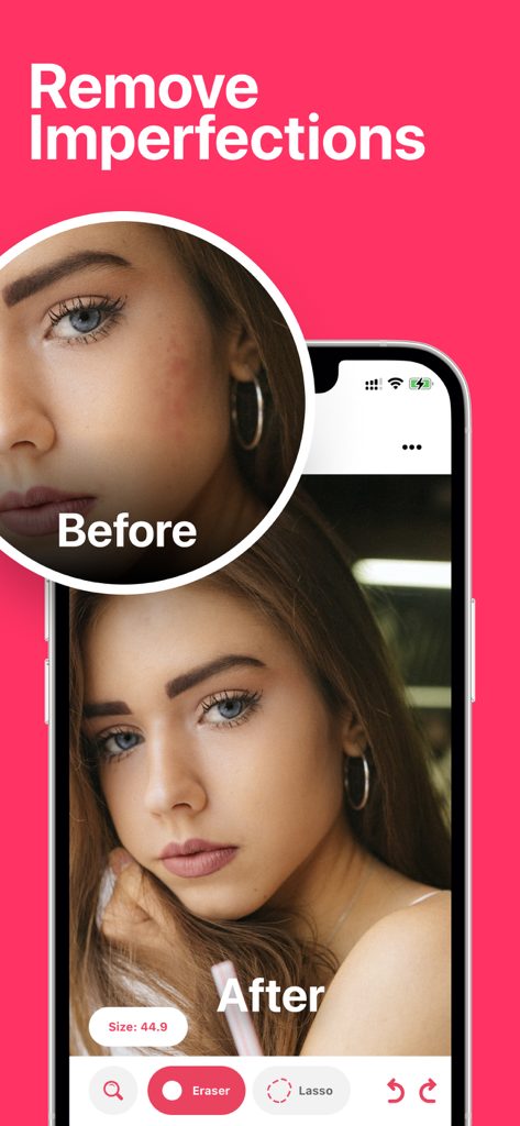 Before and after comparison of skin blemish removal using the Blemish Remover app interface