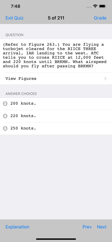 Prepware ATP - Prepware ATPアプリのインターフェース。FAA試験のためのターボジェット到着速度に関する多肢選択式の練習問題が表示されています。