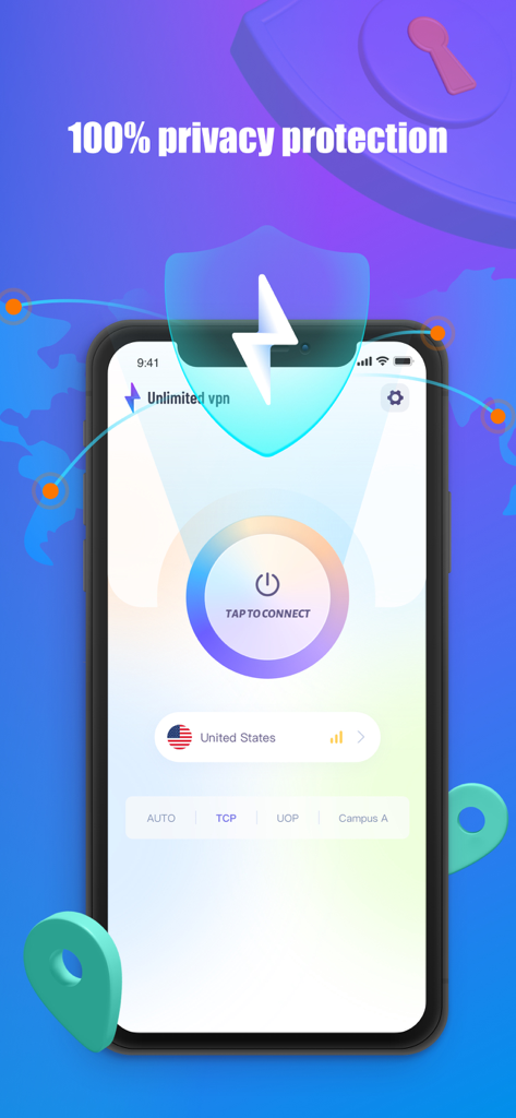 Interface de l'application VPN Super montrant un bouton de connexion en un clic et le titre 'Protection de la confidentialité'.