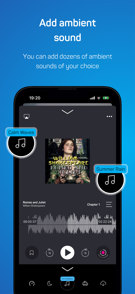 Dinlebi: Audiobook - Interface of Dinlebi app showing the ambient sound feature with options like calm waves and summer rain for an immersive listening experience.