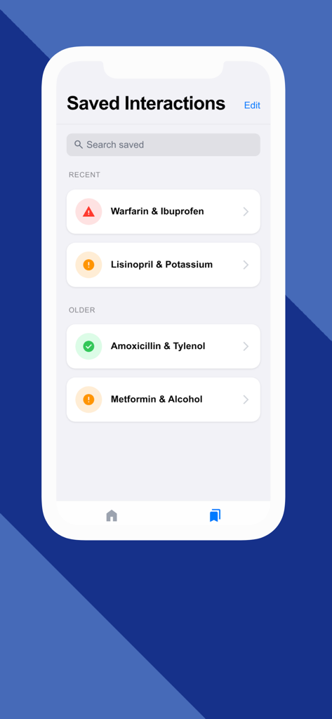 A list of saved medication interaction checks with color-coded safety status icons in the Med Interaction app.