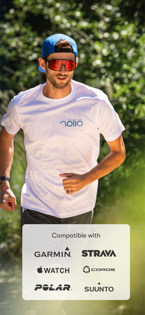 Nolio - Un atleta de resistencia centrado en el rendimiento corriendo al aire libre con una lista de dispositivos compatibles que incluyen Garmin, Strava y Apple Watch.