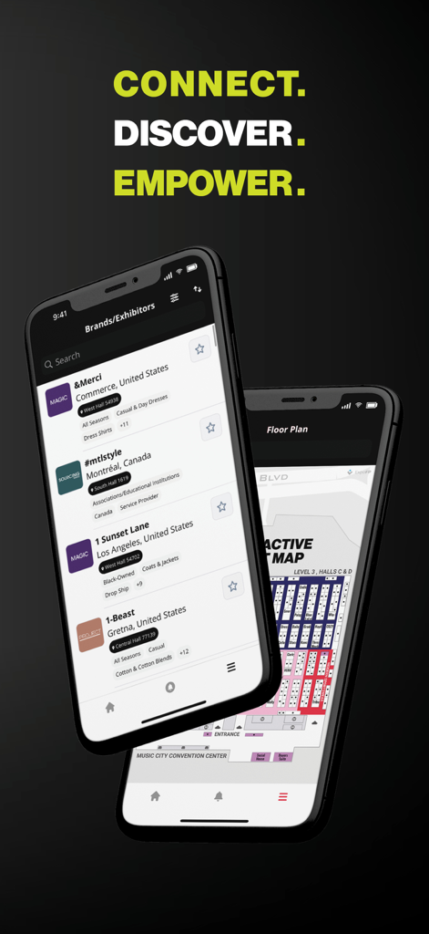 Application Fashion 2026 montrant la liste de recherche des exposants et la carte interactive de l'événement du salon.