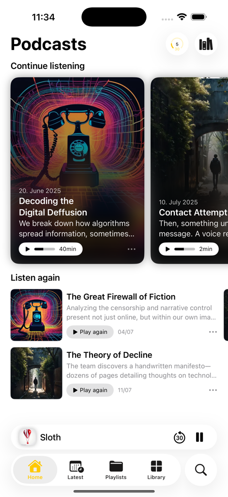 ShelfPlayer app interface showing the Podcasts section with continue listening and listen again categories