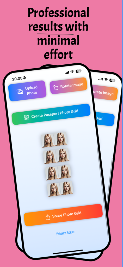 Passport Photo Grid - Smartphone screen showing the Passport Photo Grid app interface with a generated grid of eight passport photos and editing options.