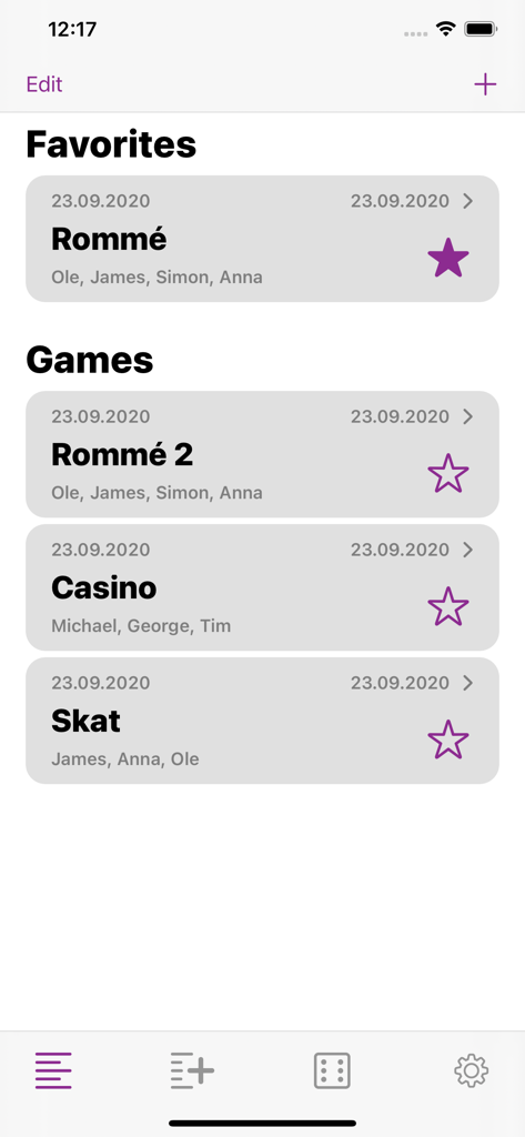 Games Block - Une liste des sessions de jeux de cartes sauvegardées et des favoris dans l'application de suivi des scores Block de Jeux