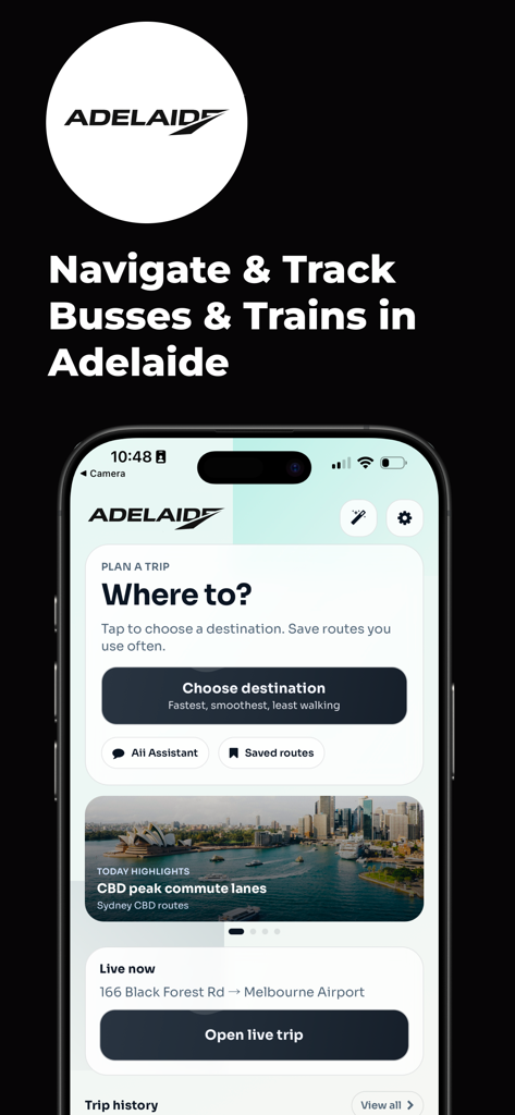 Adelaide Bus und Train Tracker App-Oberfläche mit KI-Routenplanung und Echtzeit-ÖPNV-Informationen auf einem Smartphone