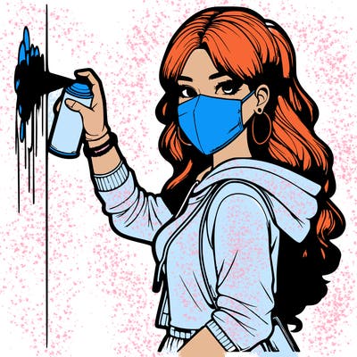 realistic girl with mask spray painting a wall