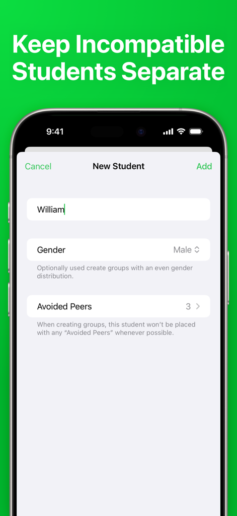 Interfaz para agregar un nuevo estudiante en la aplicación Grupos con la configuración de compañeros evitados para separar estudiantes.