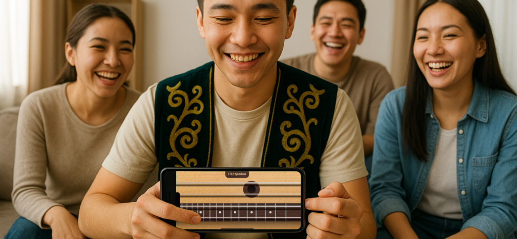 Домбра - Un grupo de amigos riendo mientras un hombre toca un simulador de Dombra kazaja en su smartphone