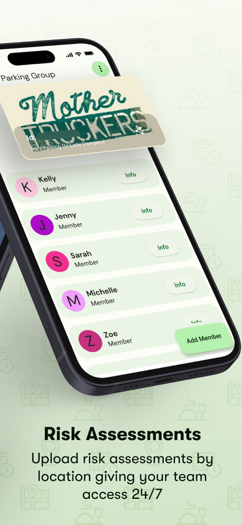 Kip App - Un'interfaccia mobile per l'app Kip che mostra un elenco di membri di un gruppo privato per camionisti con funzionalità di condivisione di valutazione del rischio