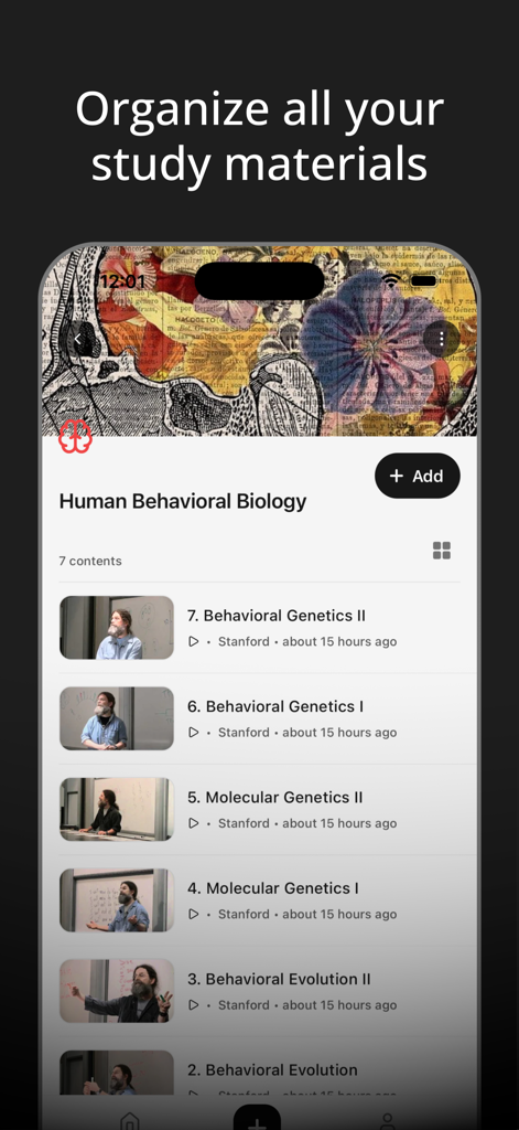 The YouLearn app interface displaying an organized list of video lectures for a human behavioral biology course