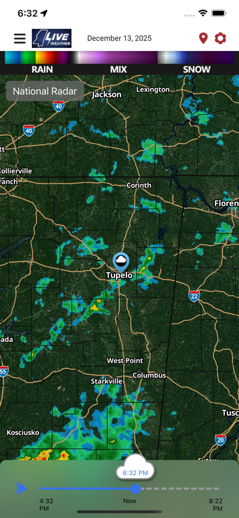 Mississippi LIVE Weather - Carte radar météo interactive du Mississippi montrant des précipitations près de Tupelo sur l'application Météo LIVE Mississippi