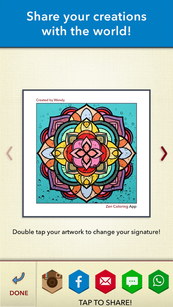 Zen Coloring Book for Adults - A completed colorful mandala artwork in the Zen Coloring Book app with social media sharing options